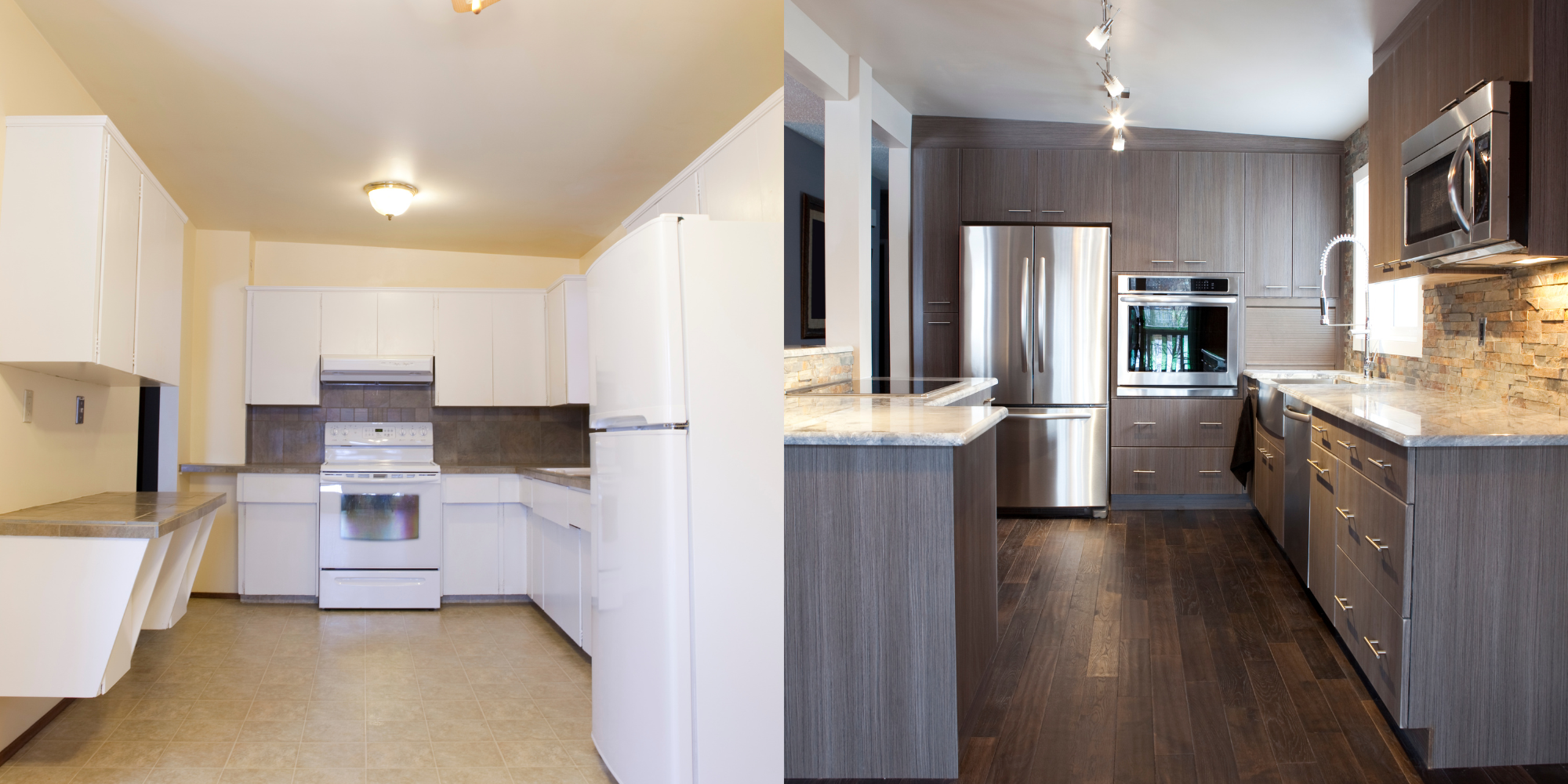 A kitchen with a stove, refrigerator, microwave and sink