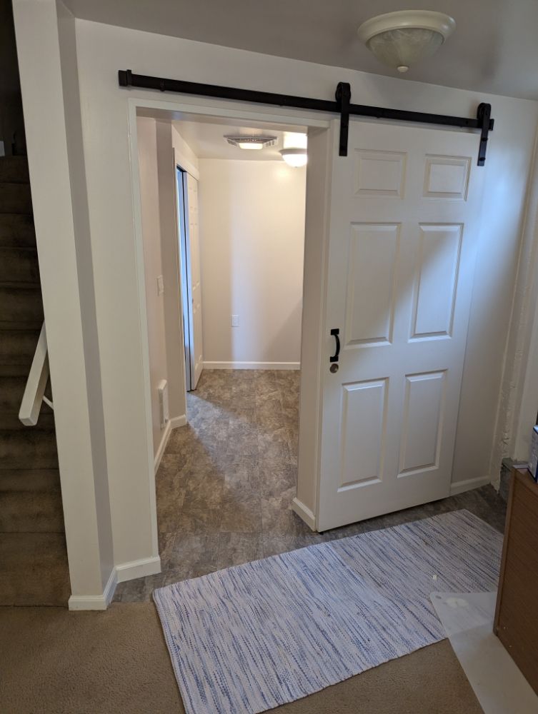 An empty room with a carpeted floor and a white door